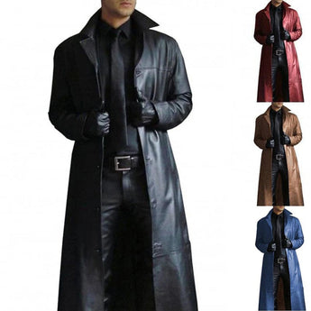 Luxury Men's Full Length Black Leather Trench Coat featuring a sleek design with a collar, long sleeves, and high-quality textile for winter wear.