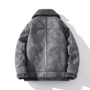 Luxury men's grey shearling bomber jacket featuring a warm vintage style design with a soft fur collar and cuffs, showcasing natural material and protective outerwear elements.