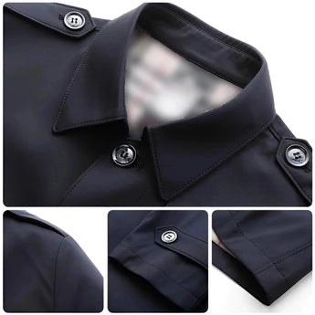 Luxury men's navy satin dress shirt with a tailored fit, featuring a button-down design, a crisp collar, and long sleeves suitable for formal wear.