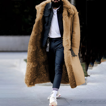 
Alt Text: A luxury men's oversized designer winter fur coat in khaki color, featuring a plush fur collar and long sleeves. The coat is made from natural materials and reaches knee length, providing a warm and stylish option for winter wear. Available in size 4XL.