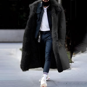 Luxury men's oversized designer winter fur coat in black, size 4XL, featuring a grey overcoat design with a sophisticated collar and long sleeves, modeled by a person wearing eyewear.