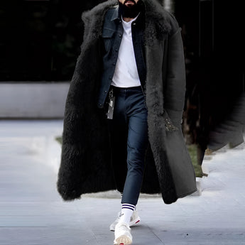 Luxury men's oversized designer winter fur coat in black, size 4XL, featuring a grey overcoat design with a sophisticated collar and long sleeves, modeled by a person wearing eyewear.