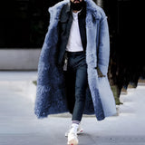
Blue oversized designer winter fur coat for men in 4XL size, featuring a high neck collar, long sleeves, and knee-length design, highlighting its luxurious fashion appeal.