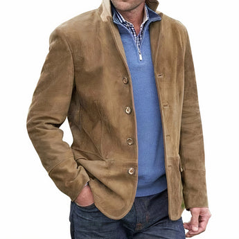 Luxury men's tan suede blazer in a designer single-breasted coat style, shown in a Cachi shade and size 3XL; features include a white dress shirt underneath, long sleeves, a well-defined collar, and a sophisticated blend of beige and grey tones.