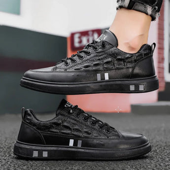 Luxury men's white leather sneakers with a crocodile texture, featuring a sleek design displayed against a neutral background.