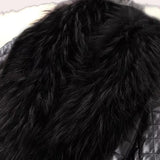 Luxury metallic quilted coat featuring a black faux fur collar, with visible sleeves and a quilted texture design.