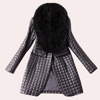 Luxury metallic quilted coat featuring a stylish black faux fur collar, long sleeves, and an elegant pattern design.