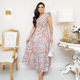 Luxury pink floral maxi dress featuring a gray color variant in size XL, worn by a smiling model. The elegant evening gown showcases a one-piece design with attention to detail on the shoulders, neck, and waist, crafted from a high-quality textile.