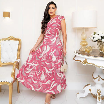 Luxury pink floral maxi dress with long sleeves and a fitted waist, featuring a beautiful magenta pattern, perfect for formal evening events.