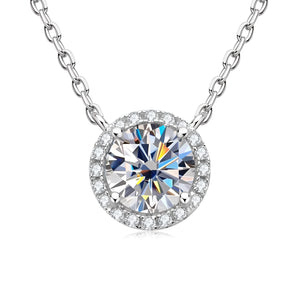 Luxury round cut halo diamond necklace in white gold, featuring a 6.5mm moissanite on an adjustable 40cm-45cm chain, showcasing high clarity and sparkling brilliance.