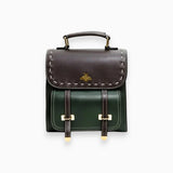 Luxurious green two-tone leather satchel with a studded flap, featuring a shoulder strap and sturdy handle, designed in a rectangular shape ideal for stylish carrying.