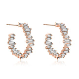 Luxury Rose Gold Baguette Diamond Hoop Earrings on white background, showcasing elegant bridal jewelry with intricate detailing.