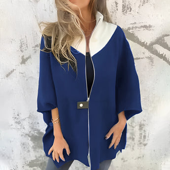 Elegant luxury white wool cape for women, featuring a stylish blue variant in size 3XL, showcasing a sophisticated winter fashion coat design with long sleeves and a high neck.