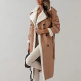 Luxury women's black leather coat with shearling lining in khaki color, featuring a tailored fit, long sleeves, and a classic overcoat design.