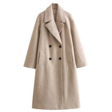 Luxury Women's Double-Breasted Beige Wool Winter Coat in XL size featuring a classic double-breasted design, tailored with a sophisticated collar and full-length sleeves, accented with stylish buttons. The coat is in a beige color, ideal for the winter season.