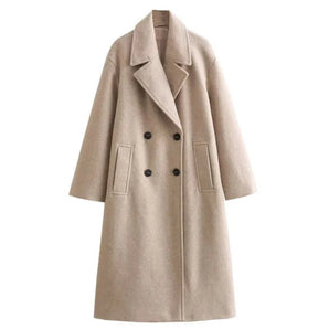 Luxury Women's Double-Breasted Beige Wool Winter Coat in XL size featuring a classic double-breasted design, tailored with a sophisticated collar and full-length sleeves, accented with stylish buttons. The coat is in a beige color, ideal for the winter season.