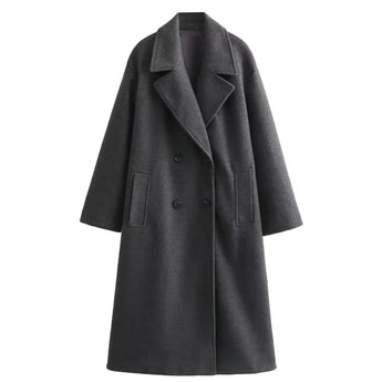 Luxury women's double-breasted wool winter coat in gray, featuring a formal and elegant design with a classic overlapping collar and long sleeves, tailored as an overcoat for a stylish and sophisticated look.