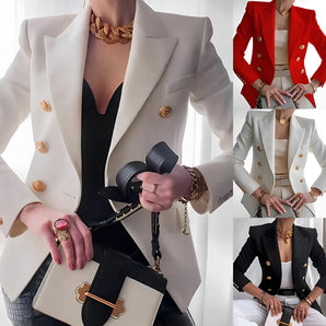 Elegant white double-breasted blazer for women, featuring gold buttons, with a tailored fit and stylish collar, designed for an office chic look.