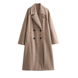 Luxury women's double-breasted beige wool winter coat in khaki, size XL, featuring a tailored collar and long sleeves.