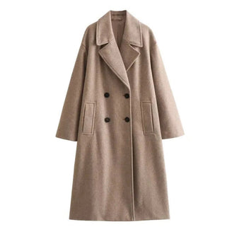 Luxury women's double-breasted beige wool winter coat in khaki, size XL, featuring a tailored collar and long sleeves.