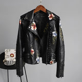 Luxury women's black leather jacket in size 2XL featuring intricate floral embroidery, with a tailored fit, long sleeves, and a classic collar design.