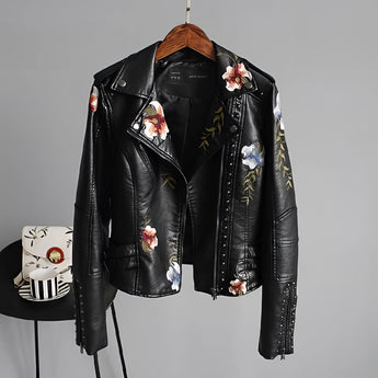 Luxury women's black leather jacket in size 2XL featuring intricate floral embroidery, with a tailored fit, long sleeves, and a classic collar design.