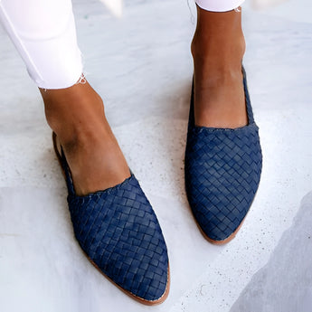 Luxury Women's Handcrafted Woven Leather Loafers in Blue, size 43, styled with a grey dress and denim, focusing on footwear.
