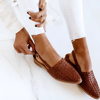 Luxury Women's Handcrafted Woven Leather Loafers in Braun color, size 43, displayed against a plain background.