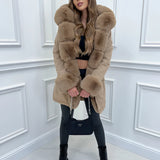 Luxury women's oversized faux fur winter coat in khaki, size 3XL, displaying a stylish and elegant fashion design with emphasis on the shoulders and waist, featuring long sleeves and knee-length coverage.