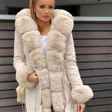 Luxury women's oversized faux fur winter coat in beige, size 3XL, featuring a stylish collar, long sleeves, and a knee-length design.