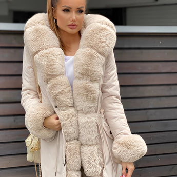 Luxury women's oversized faux fur winter coat in beige, size 3XL, featuring a stylish collar, long sleeves, and a knee-length design.