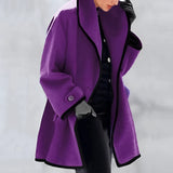 Luxurious purple wool coat for women in oversized design with fashionable contrast lining, featuring broad shoulders, long sleeves, and a stylish trench coat appearance, available in Viola1 color and 3XL size.