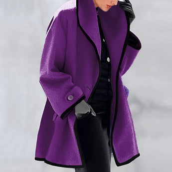 Luxurious purple wool coat for women in oversized design with fashionable contrast lining, featuring broad shoulders, long sleeves, and a stylish trench coat appearance, available in Viola1 color and 3XL size.