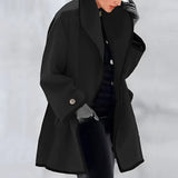 Luxury women's purple wool coat with an oversized fit, featuring a fashionable design and contrast lining, displayed in a jet black color variant, size 3XL. The coat has a structured collar and long sleeves, resembling a trench coat style, highlighting its elegant and trendy appearance.