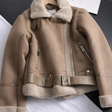 Luxury women's tan suede faux fur winter jacket in XL size with a plush white faux fur collar and cuffs, featuring a sleek design with a fitted waist and long sleeves.
