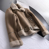 Luxury women's tan suede faux fur winter jacket with a plush faux fur collar, long sleeves, and a comfortable waist-length design.
