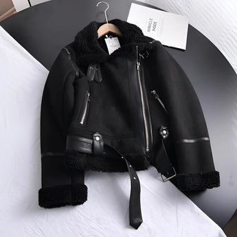 Luxury women's tan suede faux fur winter jacket featuring long sleeves, a plush faux fur collar, and a stylish design suitable for cold weather.
