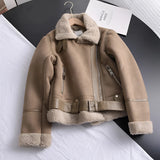 Tan suede women's winter jacket with a faux fur-lined collar and cuffs, featuring a stylish overcoat design.