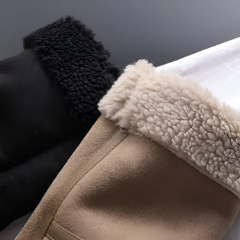 Luxury women's tan suede faux fur winter jacket with a soft fur collar, long sleeves, and a stylish design that combines comfort and fashion.
