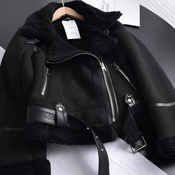 Luxury women's tan suede faux fur winter jacket featuring a plush faux fur collar and lining, with a tailored waist and long sleeves; shown in an extra-large size in black.