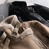 Luxury women's tan suede faux fur winter jacket featuring a comfortable fit with long sleeves, a stylish collar, and a warm faux fur lining, perfect for cold weather fashion.