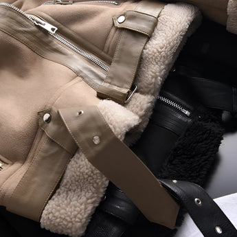 Luxury women's tan suede winter jacket with faux fur lining, featuring long sleeves and a plush collar, ideal for cold weather.