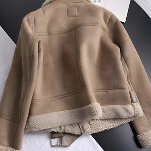 Luxury women's tan suede faux fur winter jacket featuring a stylish design with a buttoned front, long sleeves, and a cozy faux fur collar. The jacket is in a neutral beige color, perfect for fashionable winter outerwear.