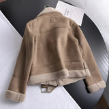 Luxury women's tan suede faux fur winter jacket featuring long sleeves, a plush collar, and button details, showcasing a fashionable beige pattern.