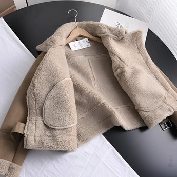 Luxury women's tan suede faux fur winter jacket with a fashionable design, featuring a cozy faux fur collar, long sleeves, and button details for comfort and style.