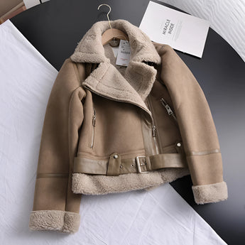Tan suede faux fur winter jacket for women featuring long sleeves, a stylish collar, and button closure, combining elements of beige and grey hues for a luxurious fashion design.