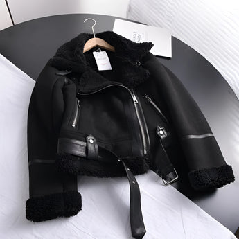 Luxury women's tan suede faux fur winter jacket with full sleeves, featuring a grey collar and fashionable design.