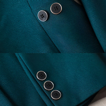 
Women's teal textured blazer with a tailored fit, featuring long sleeves and a classic collar, designed for office wear.