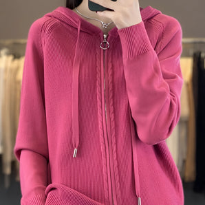 Magenta hooded cardigan for women, oversized knit sweater with zipper, shown in pink color, 2XL size, featuring long sleeves and a cozy, fashionable design.