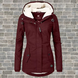 Maroon women's hooded winter parka with faux fur lining in a red color, featuring long sleeves and a cozy collar, shown in size 4XL.